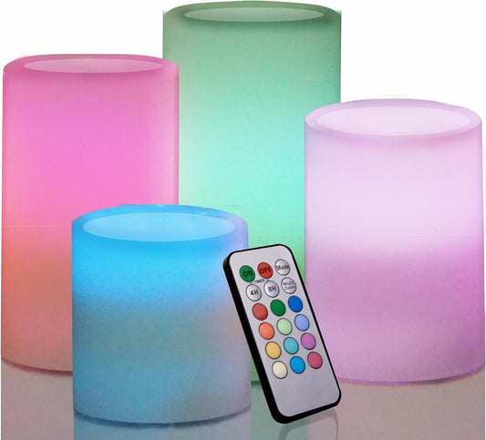 Battery Operated Color Changing Flameless Candles with Remote Timer Real Wax Realistic Flickering Electric Multicolor LED Pillars Lights for Home Wedding Christmas Decorations 4 PCS